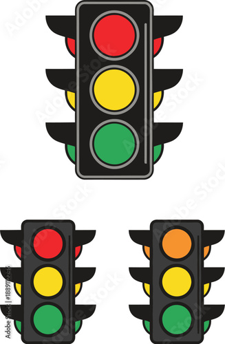 Collection of illustrated traffic signal icons demonstrating various light combinations for road control and vehicular movement indications isolated on white