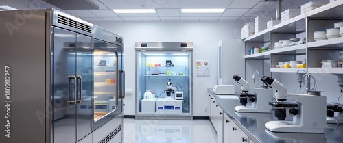 Sleek stainless steel biosafety cabinet, centrifuges, and microscopes in a sterile lab,  centrifuge,  cabinet