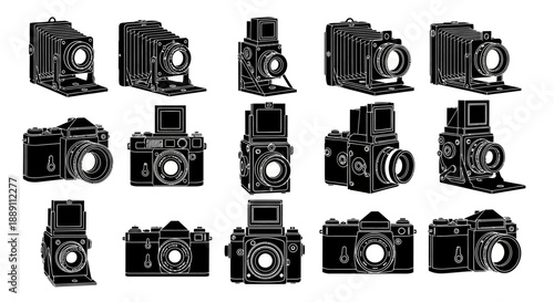 Vector black silhouette vintage photo cameras set, retro photography equipment collection, isolated on white