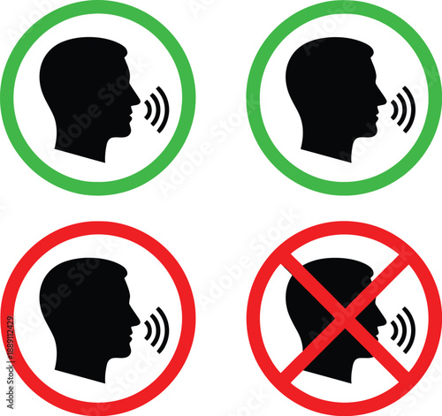Set of four communication icons illustrating permitted and prohibited actions regarding speaking loudly or quietly in different public and private settings