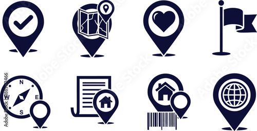 Collection of navigation and location icons isolated on transparent background