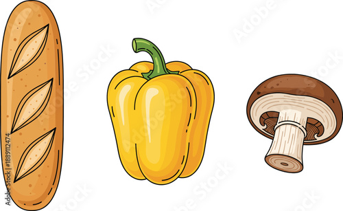 Hand drawn food icons set with baguette bread, yellow bell pepper, and mushroom for healthy cooking designs