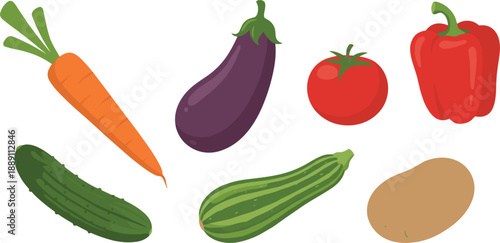 Fresh Vegetable Collection Featuring Carrot, Eggplant, Tomato, Bell Pepper, Cucumber, Zucchini, and Potato in Flat Vector Style