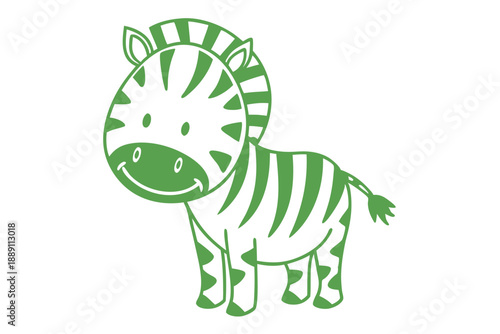 Cartoon zebra with green stripes smiles cheerfully against a plain white isolated background