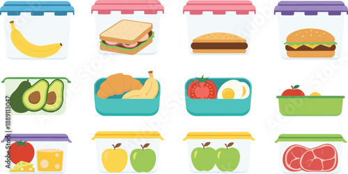 Hand drawn food storage container icons set with fruits, sandwiches, meat, vegetables, and meal prep boxes