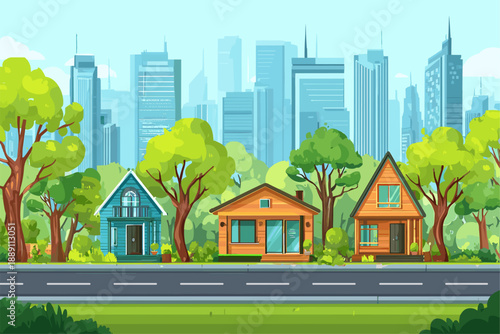 Charming Illustrated Cityscape with Colorful Houses and Urban Skyline