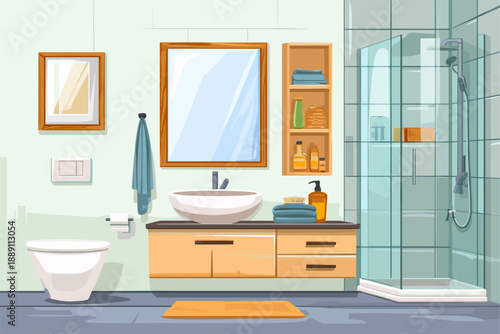 Modern Bathroom Interior Vector Illustration with Shower and Fixtures