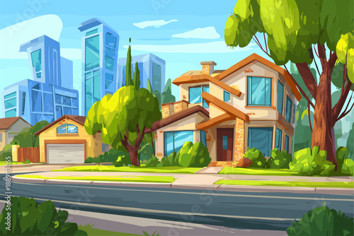 Charming Suburban House with Modern Skyline in Background