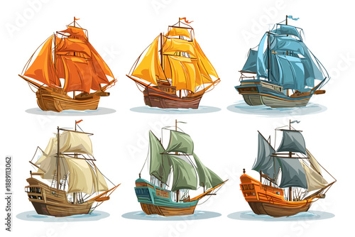Collection of Colorful Vintage Sailing Ships - Vector Illustrations