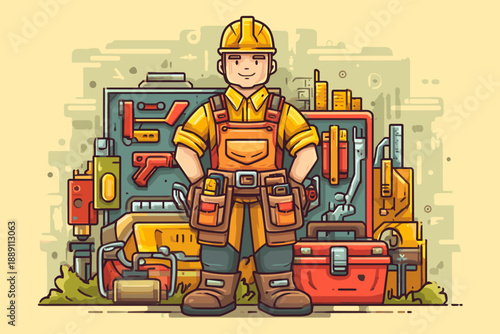 Vector Illustration of a Construction Worker Surrounded by Tools and Equipment