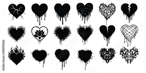 Collection of gothic and distressed heart vectors in black silhouette for edgy designs