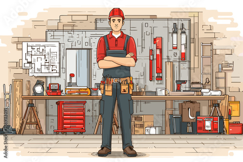 Skilled Worker in Tool Workshop: Professional Craftsman with Tools and Plans