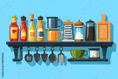 Colorful Kitchen Condiments and Utensils on a Shelf