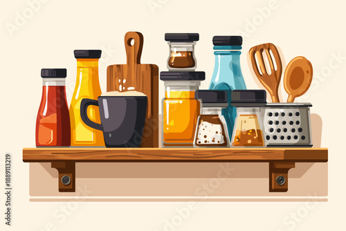 Colorful Kitchen Pantry Items on Wooden Shelf - Vector Illustration