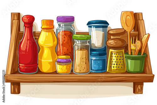 Colorful Kitchen Shelf with Condiments and Spices in Jars and Containers