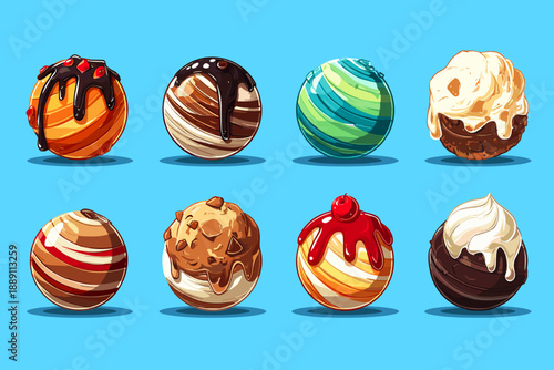 Delicious Assortment of Decorative Ice Cream Balls on Blue Background