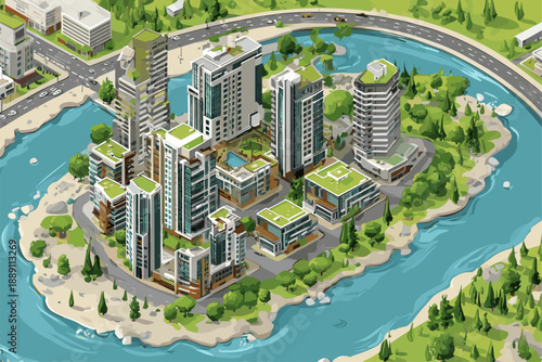 Stylized Aerial View of Modern Urban Development with Green Spaces