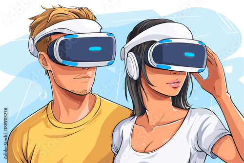 Couple Enjoying Virtual Reality Experience with Headsets