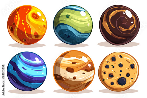 Colorful Illustration of Diverse Planetary Orbs and Cookie Designs