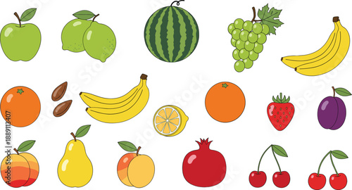 Hand drawn fresh fruit icons set with apple, banana, watermelon, grapes, citrus, berries, and tropical produce collection