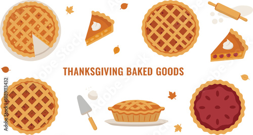 Thanksgiving Baked Goods Collection Featuring Pumpkin Pie, Lattice Pie, and Autumn Elements in Flat Vector Style