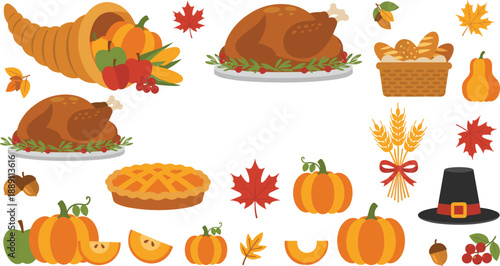 Thanksgiving Harvest Collection Featuring Roast Turkey, Cornucopia, Pumpkins, Pie, and Autumn Leaves in Flat Vector Style