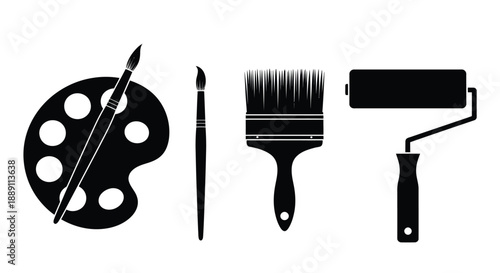 A collection of painting tools including a palette brushes and a roller all in black silhouette
