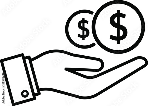 Black outline icon depicting an open hand wearing a formal cuff gently receiving or offering two circular coins prominently marked with a dollar sign symbol for financial transactions