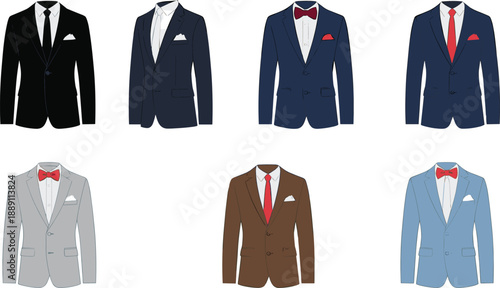 Set of men’s formal suit jackets with ties and bow ties isolated on white background, elegant fashion vector illustration