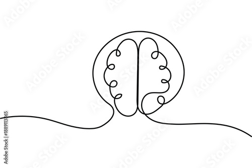 Human head and brain one line art vector illustration on white background