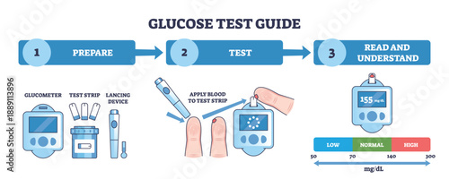 Glucose testing guide visualizes prepare-test-read steps using glucometer, test strip, and lancet to explain blood sugar monitoring and ranges. Outline diagram