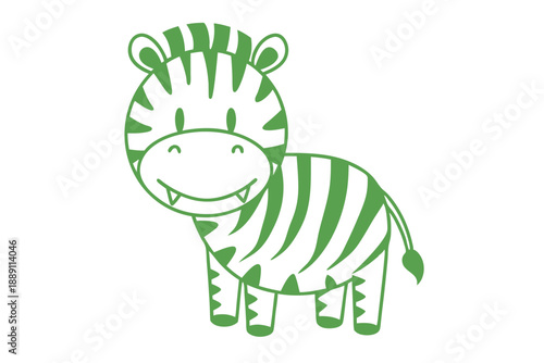 Green whimsical zebra stands cheerfully with stripes and friendly fangs revealed on a white background