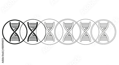A sequence of six circular diagrams depicting the double helix structure of dna molecules progressively blurred