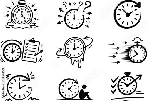 Hand drawn time doodle icon set for scheduling and deadlines, Time planning and deadline concept design
