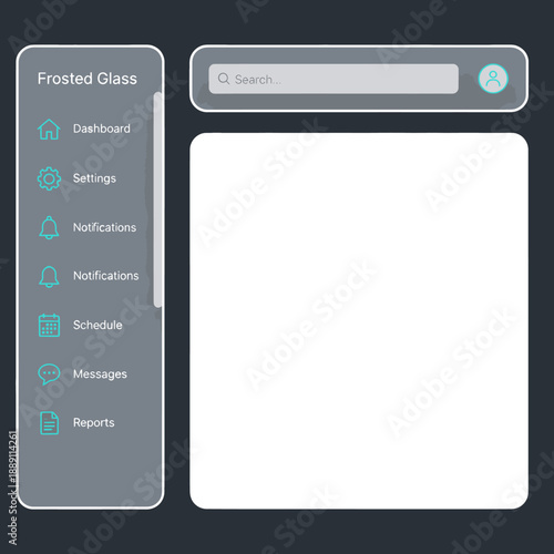 Liquid glass UI navigation kit vector. Translucent sidebar and header panels with minimalist icons and soft depth for futuristic SaaS dashboard and web app prototyping.