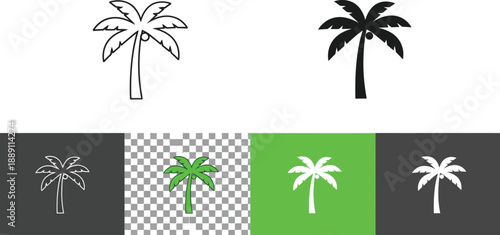 Collection of stylized palm tree icons presented in various modern graphic styles including outline solid flat and vibrant color variations suitable for tropical themes