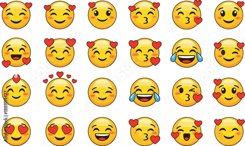 Hand drawn love emoji face icons set with hearts, kisses, smiling expressions, and romantic social media reactions