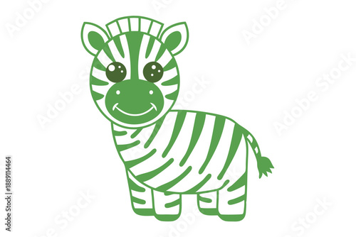 A green cartoon zebra with large eyes smiles on a solid white backdrop