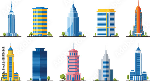 Hand drawn modern skyscraper and city building icons set with business towers, urban architecture, and downtown skyline
