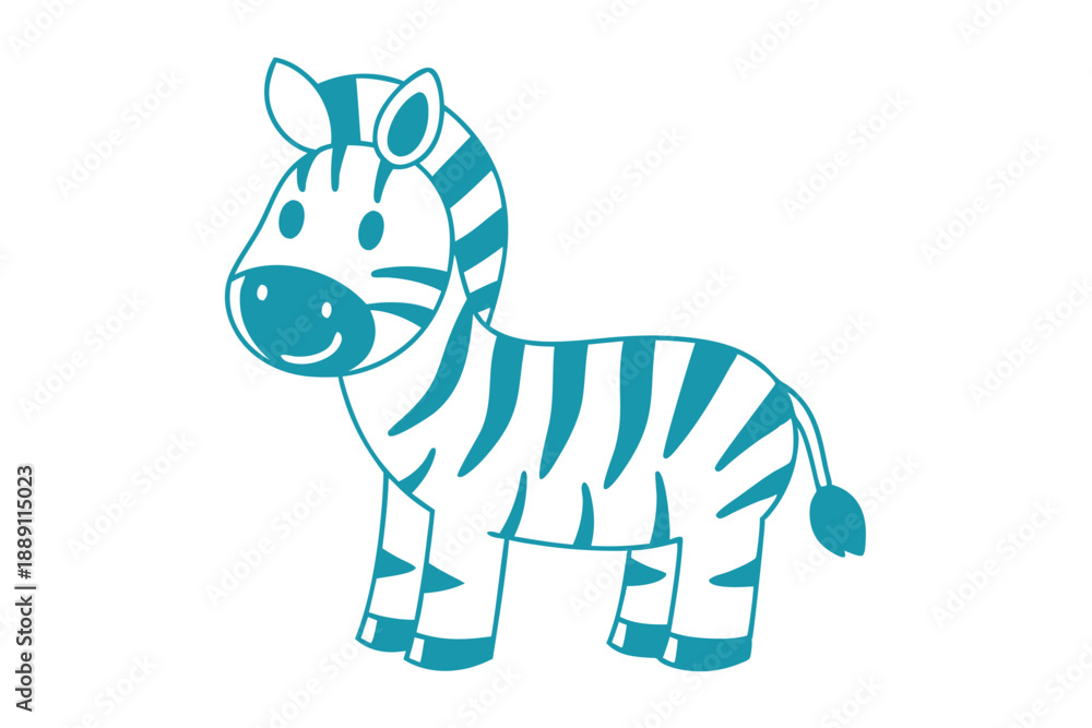 Fototapeta premium Cute teal outlined zebra smiles gently while standing against a plain white background