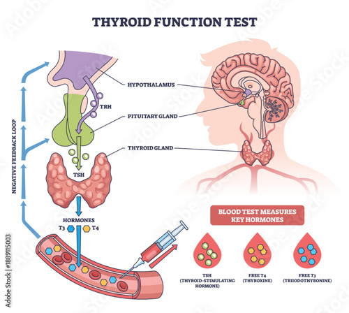 Thyroid function test brief diagram illustrating the HPT axis and blood test measuring TSH, T3, T4, key objects, thyroid gland, pituitary gland, syringe. Outline diagram