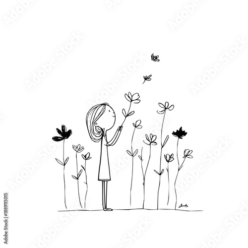 Little Girl Smelling Flowers in Garden with Butterflies