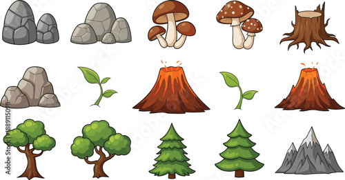 Hand drawn nature landscape icons set with rocks, trees, volcano, mountains, mushrooms, stumps, and forest elements