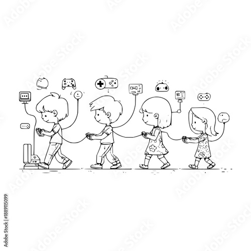 Children Holding Jump Ropes with Thought Bubbles in Black and White Line Art