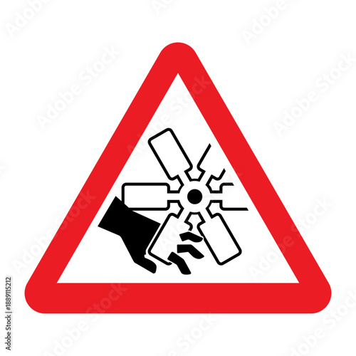 Red triangular industrial warning sign indicating danger from moving or rotating blades of machinery. The symbol warns about risk of hand injury, cutting, crushing or amputation.