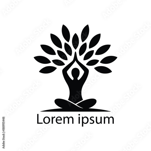 Black silhouette person sitting in lotus position under tree with leaves yoga meditation logo design on white background