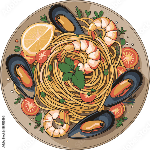 A vibrant plate of spaghetti with seafood lemon and fresh ingredients