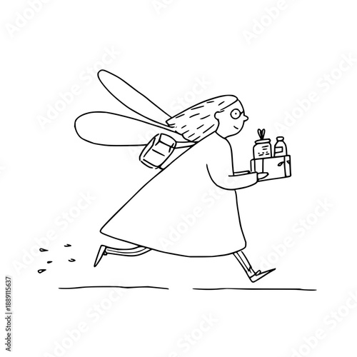 Delivery Woman Carrying Packages Running on Isolated White Background