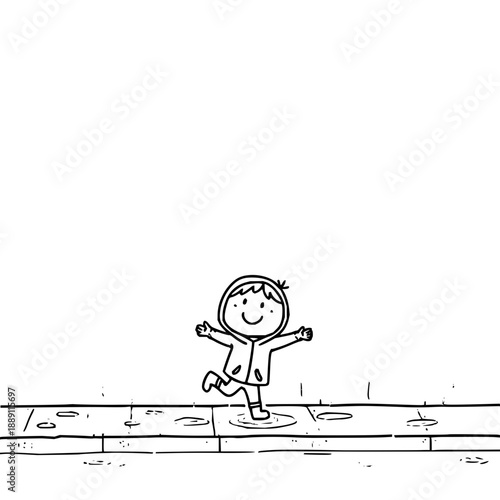 Smiling Child Jumping in Puddles on Rainy Day