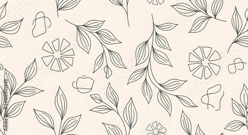 Delicate botanical illustration featuring light beige background with minimalist line art of leaves stems and small floral designs